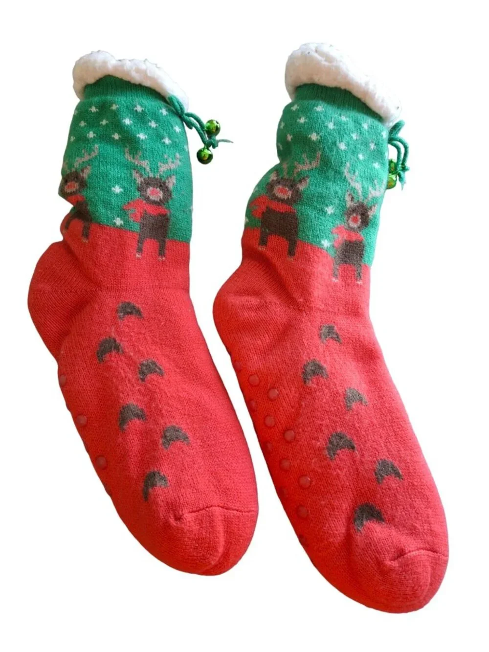 Cozy Christmas Reindeer Slipper Socks Non Slip Jingle Bell Sherpa Holiday Warm